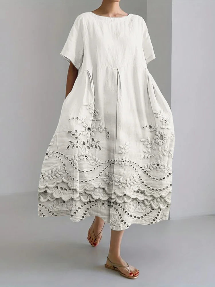 Vintage Floral Embroidered Lace Hem Linen Blend Maxi Dress