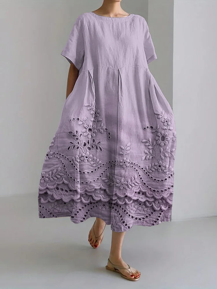 Vintage Floral Embroidered Lace Hem Linen Blend Maxi Dress
