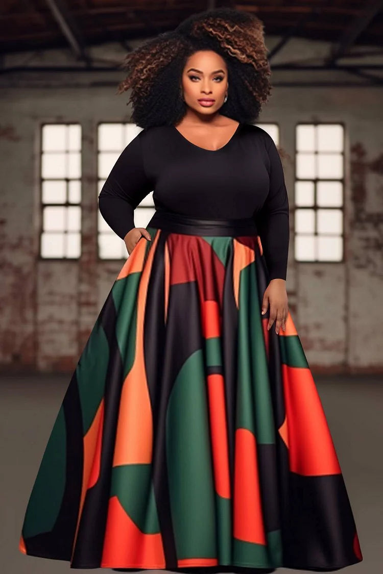Xpluswear Design Plus Size Semi Formal African Dresses Elegant Black Geometric Crew Neck Long Sleeve Knitted Maxi Dresses With Pocket