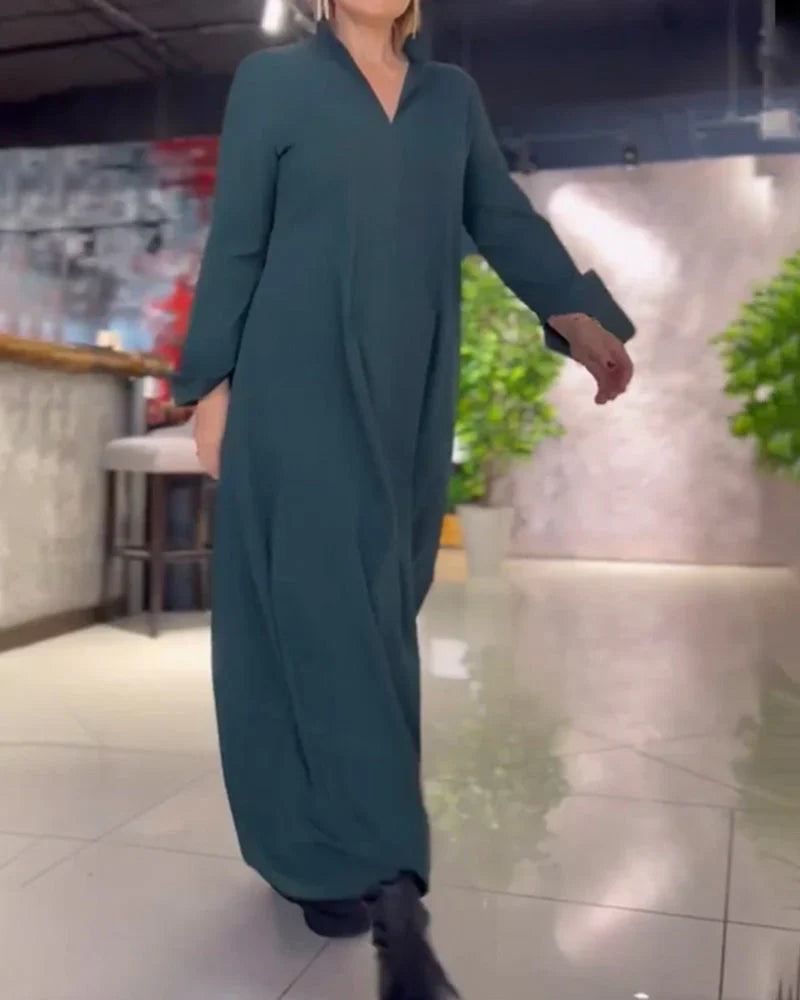 Evia™ | Loose Long Dress with Lapels and Side Slit