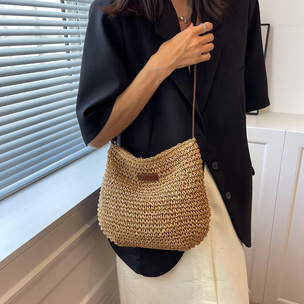 Lajah™ - Woven Shoulder Strap Bag With Zipper For Summer