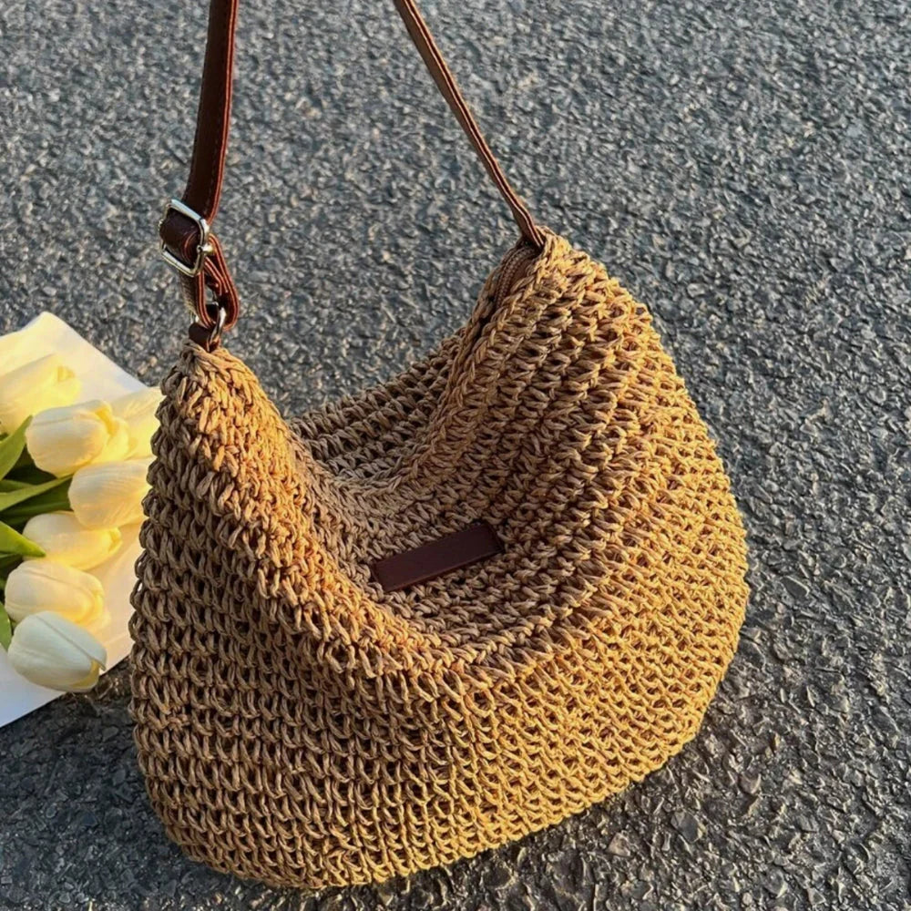 Lajah™ - Woven Shoulder Strap Bag With Zipper For Summer