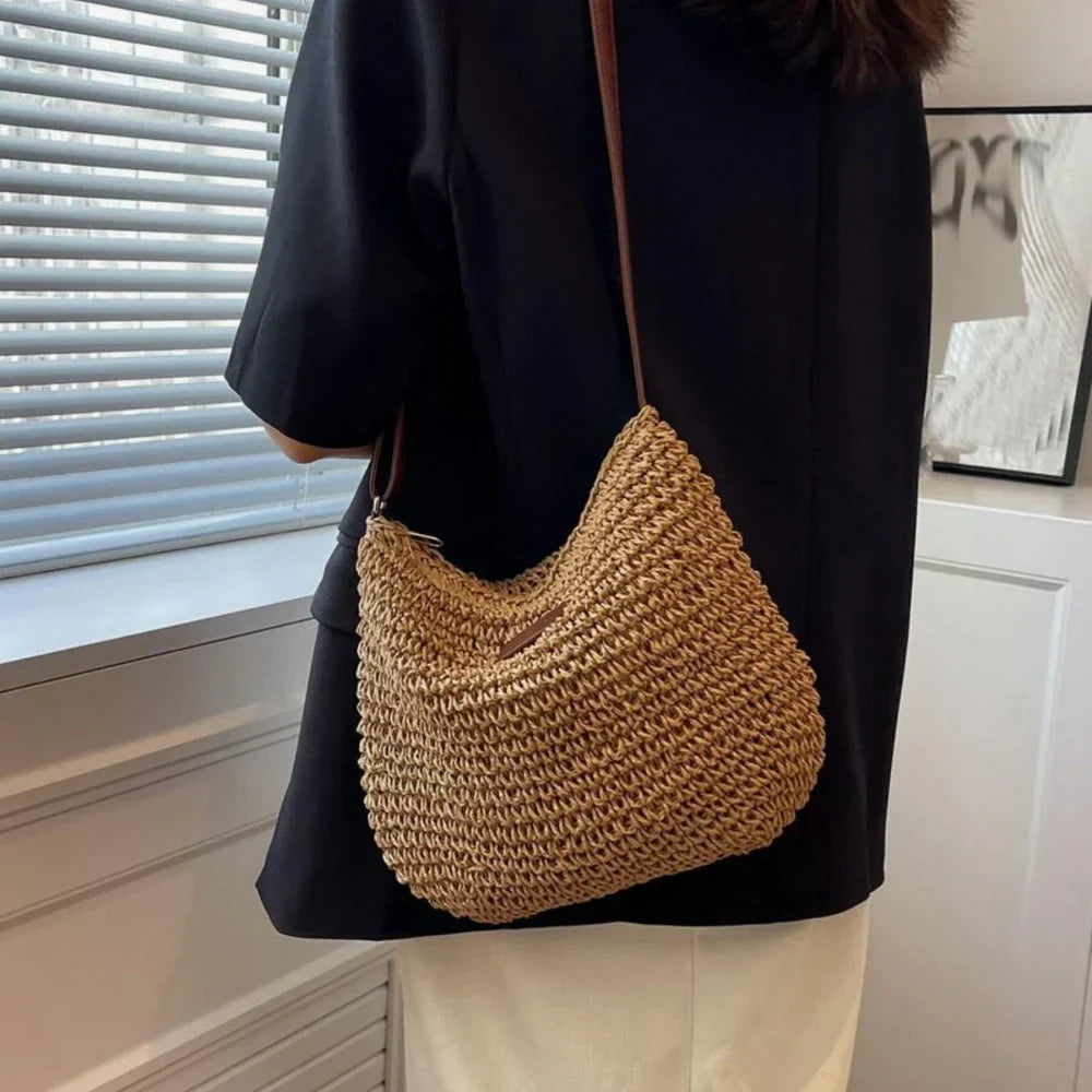 Lajah™ - Woven Shoulder Strap Bag With Zipper For Summer