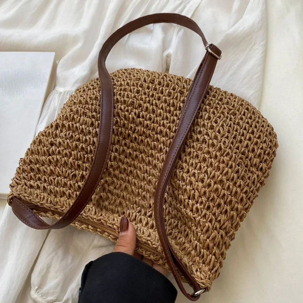 Lajah™ - Woven Shoulder Strap Bag With Zipper For Summer