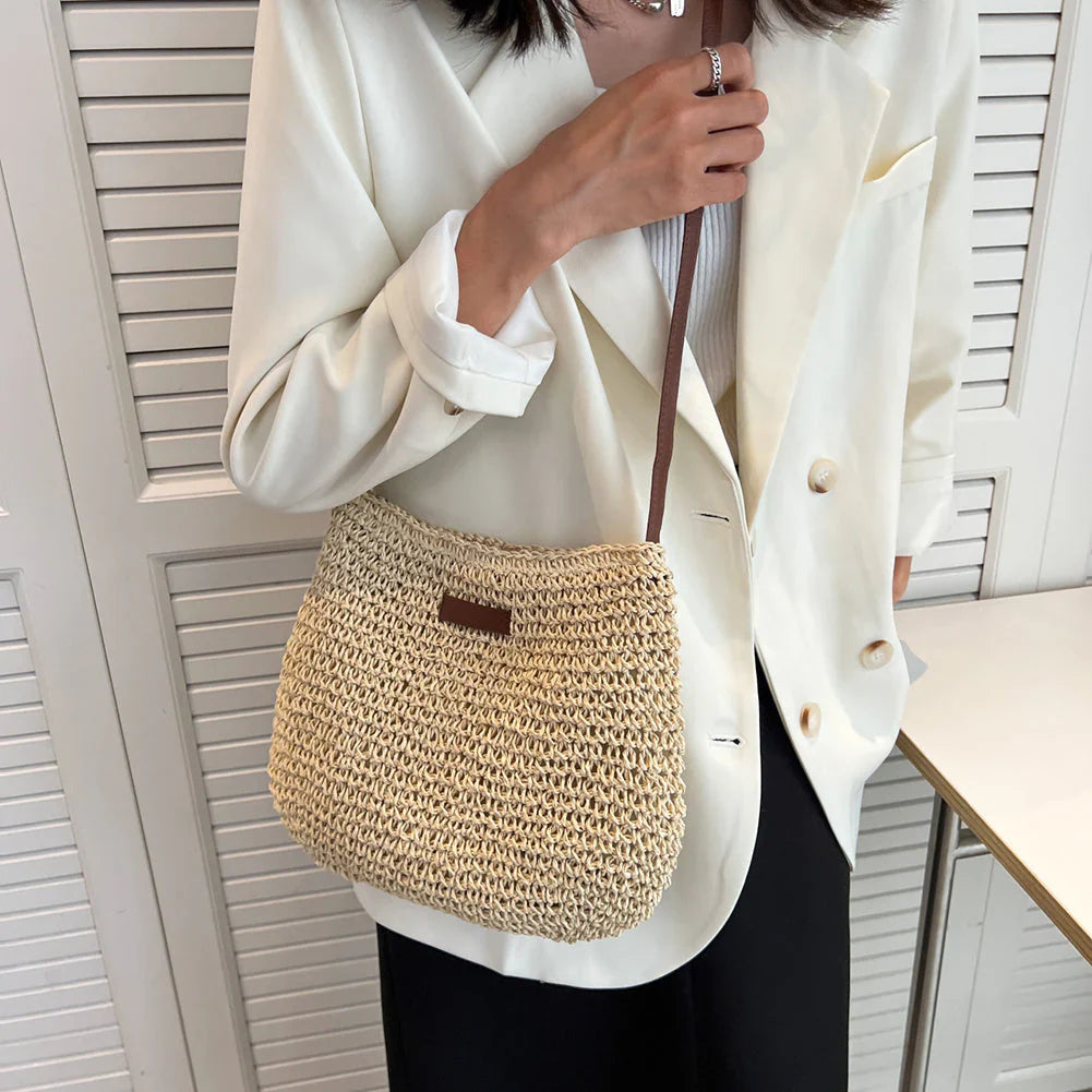 Lajah™ - Woven Shoulder Strap Bag With Zipper For Summer