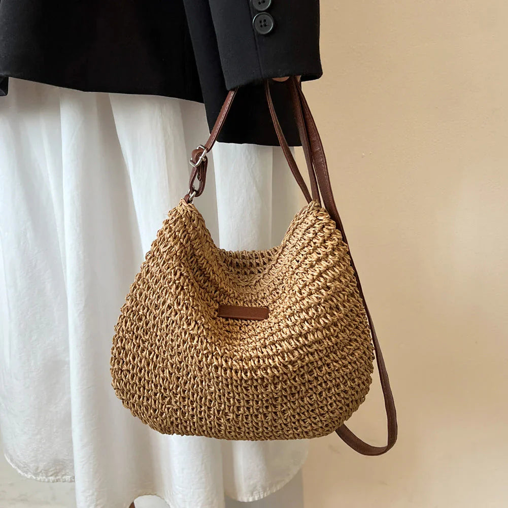 Lajah™ - Woven Shoulder Strap Bag With Zipper For Summer