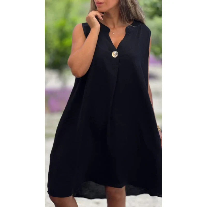 Sleeveless V-neck dress in solid colours with button trim