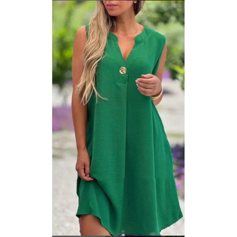 Sleeveless V-neck dress in solid colours with button trim