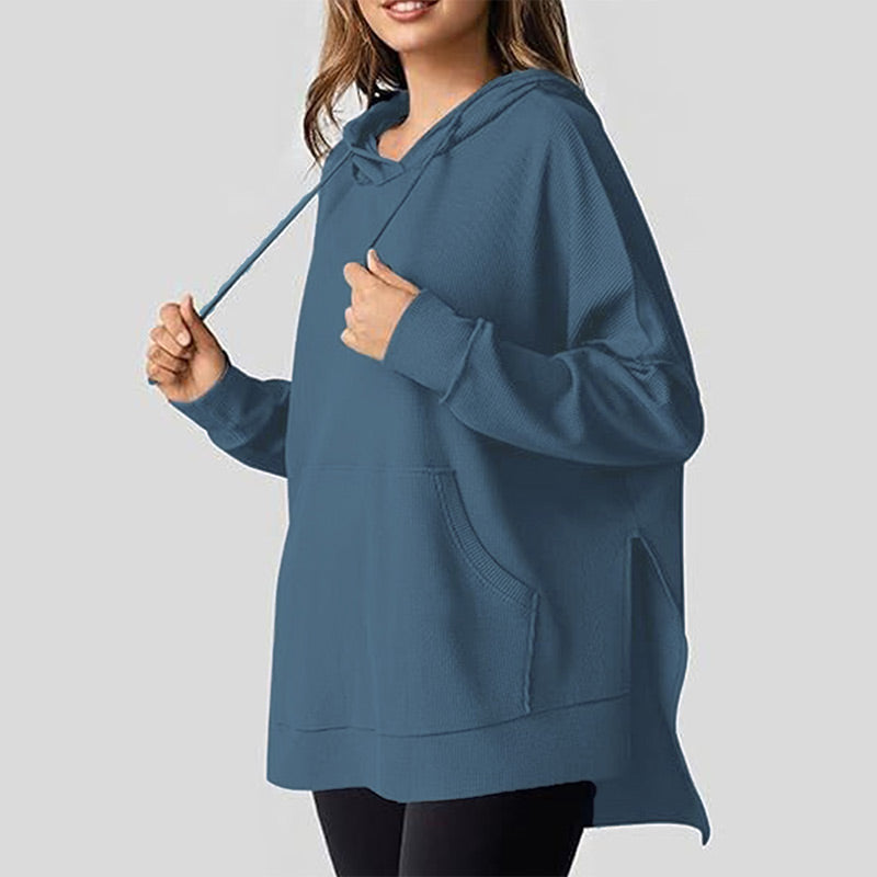 Piper Long-Sleeve Waffle-Knit Hoodie with Side Slits