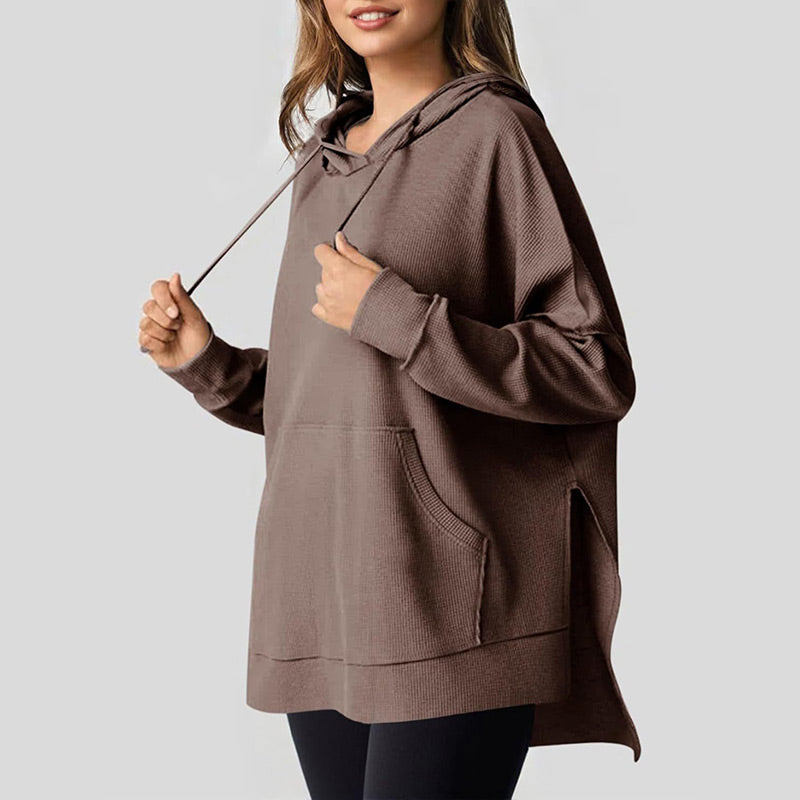 Piper Long-Sleeve Waffle-Knit Hoodie with Side Slits