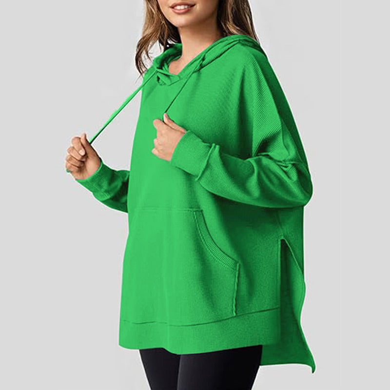 Piper Long-Sleeve Waffle-Knit Hoodie with Side Slits