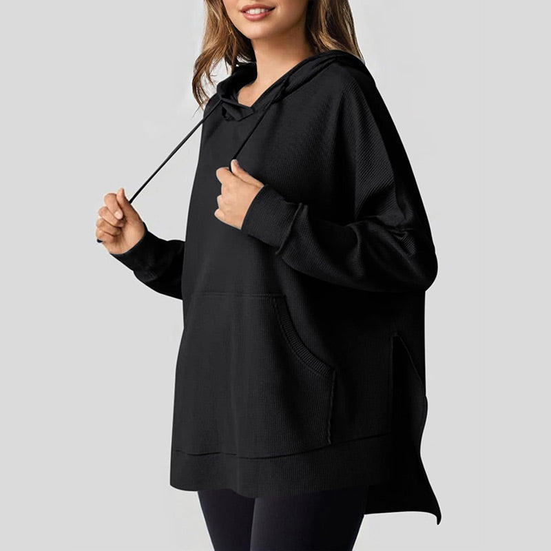 Piper Long-Sleeve Waffle-Knit Hoodie with Side Slits
