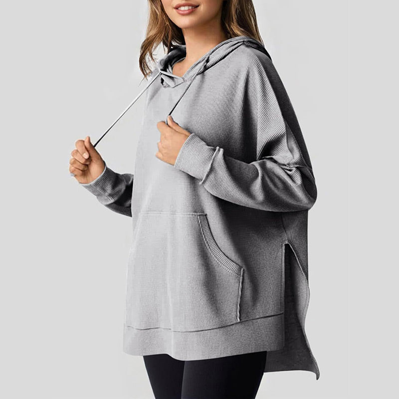 Piper Long-Sleeve Waffle-Knit Hoodie with Side Slits