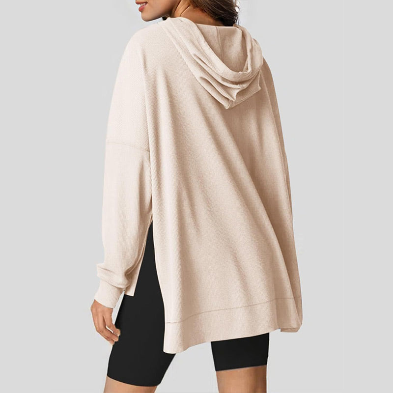 Piper Long-Sleeve Waffle-Knit Hoodie with Side Slits