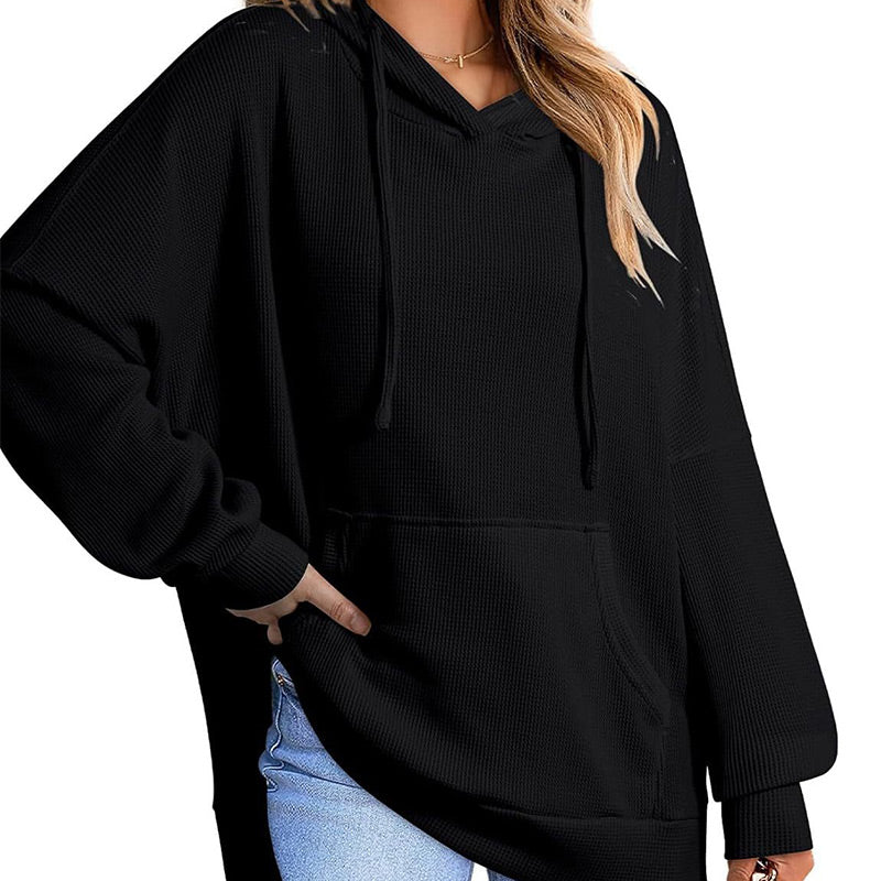 Piper Long-Sleeve Waffle-Knit Hoodie with Side Slits