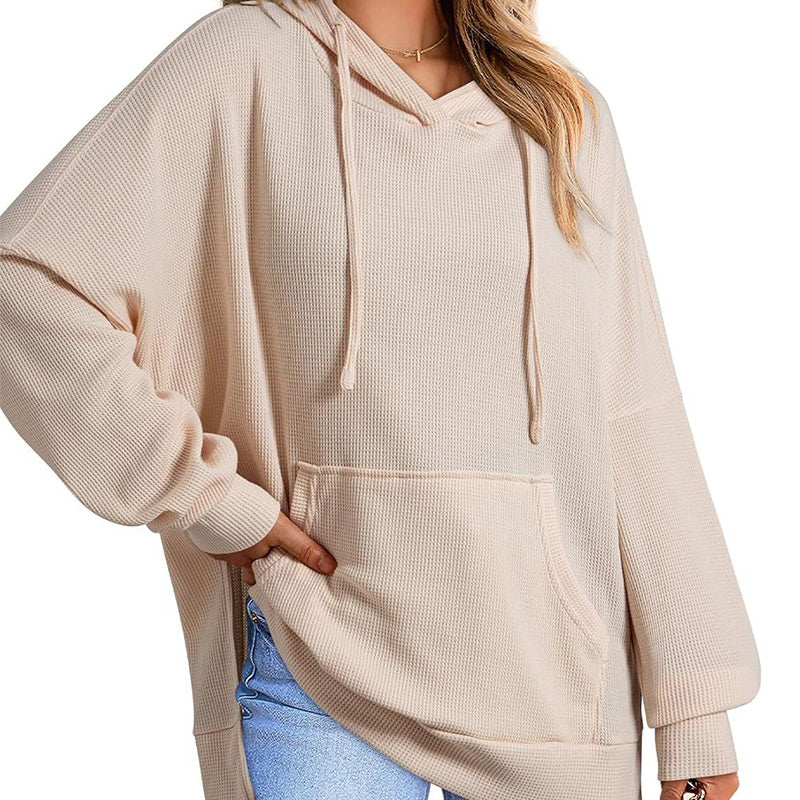 Piper Long-Sleeve Waffle-Knit Hoodie with Side Slits