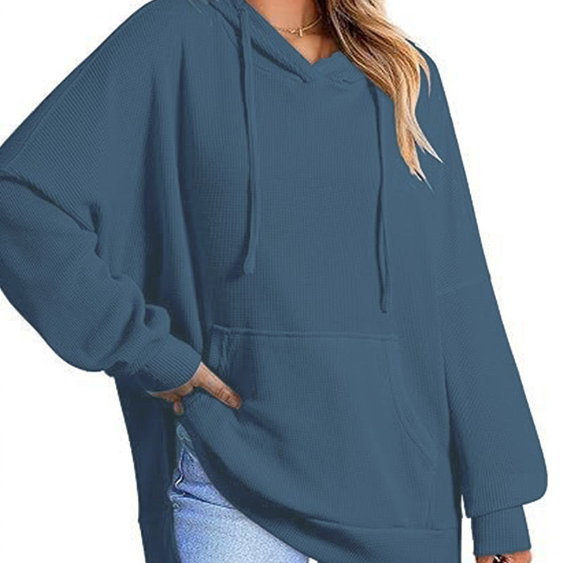 Piper Long-Sleeve Waffle-Knit Hoodie with Side Slits
