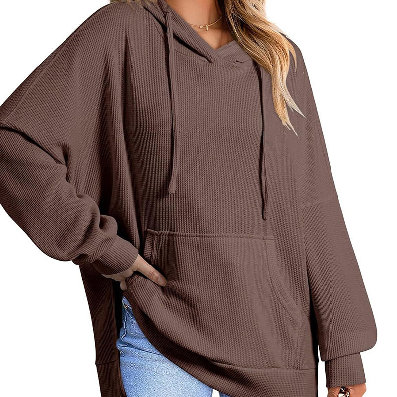 Piper Long-Sleeve Waffle-Knit Hoodie with Side Slits