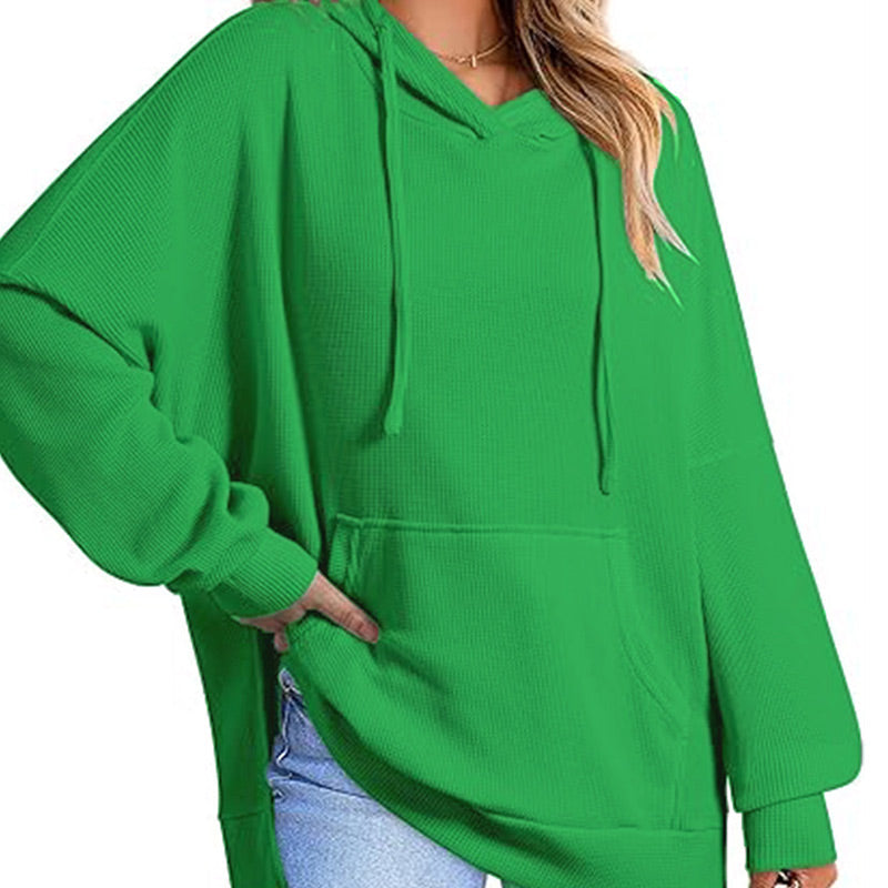 Piper Long-Sleeve Waffle-Knit Hoodie with Side Slits