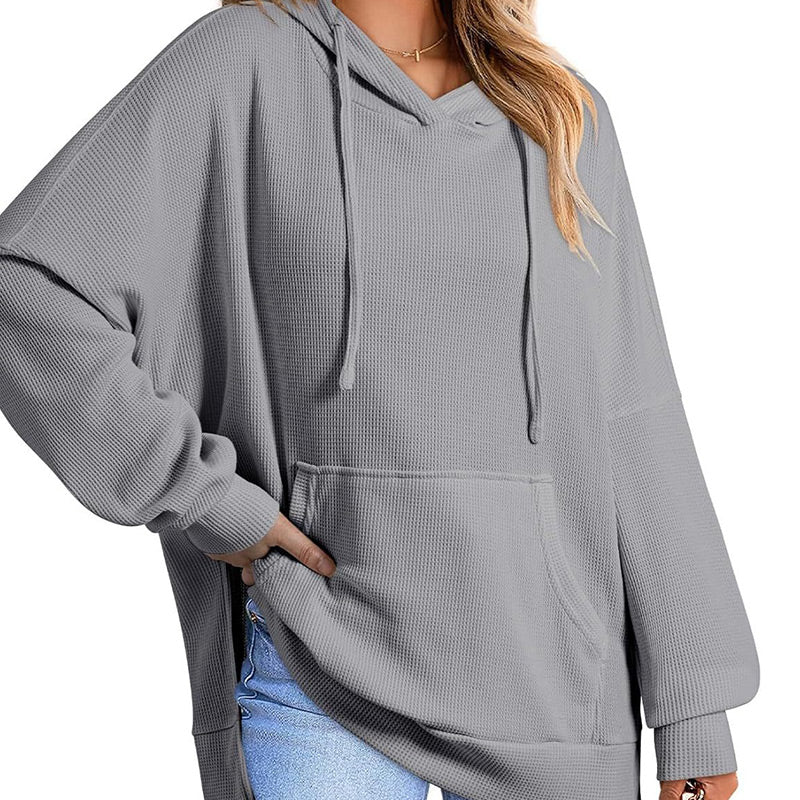 Piper Long-Sleeve Waffle-Knit Hoodie with Side Slits
