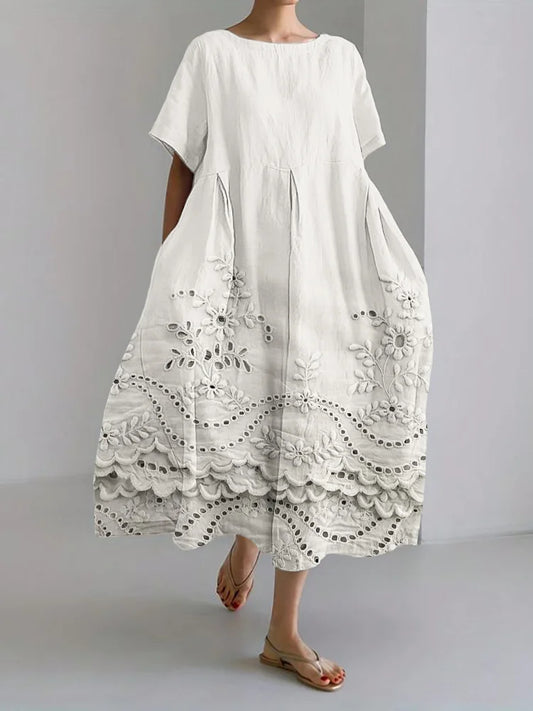 Vintage Floral Embroidered Lace Hem Linen Blend Maxi Dress