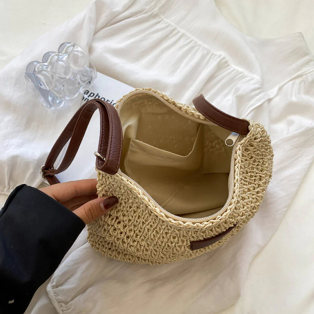 Lajah™ - Woven Shoulder Strap Bag With Zipper For Summer