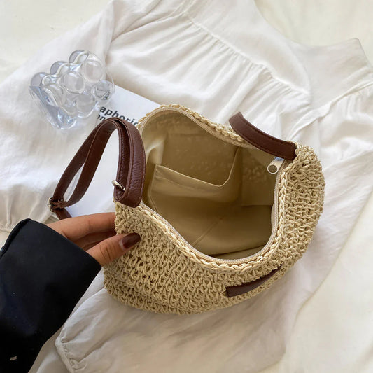 Lajah™ - Woven Shoulder Strap Bag With Zipper For Summer