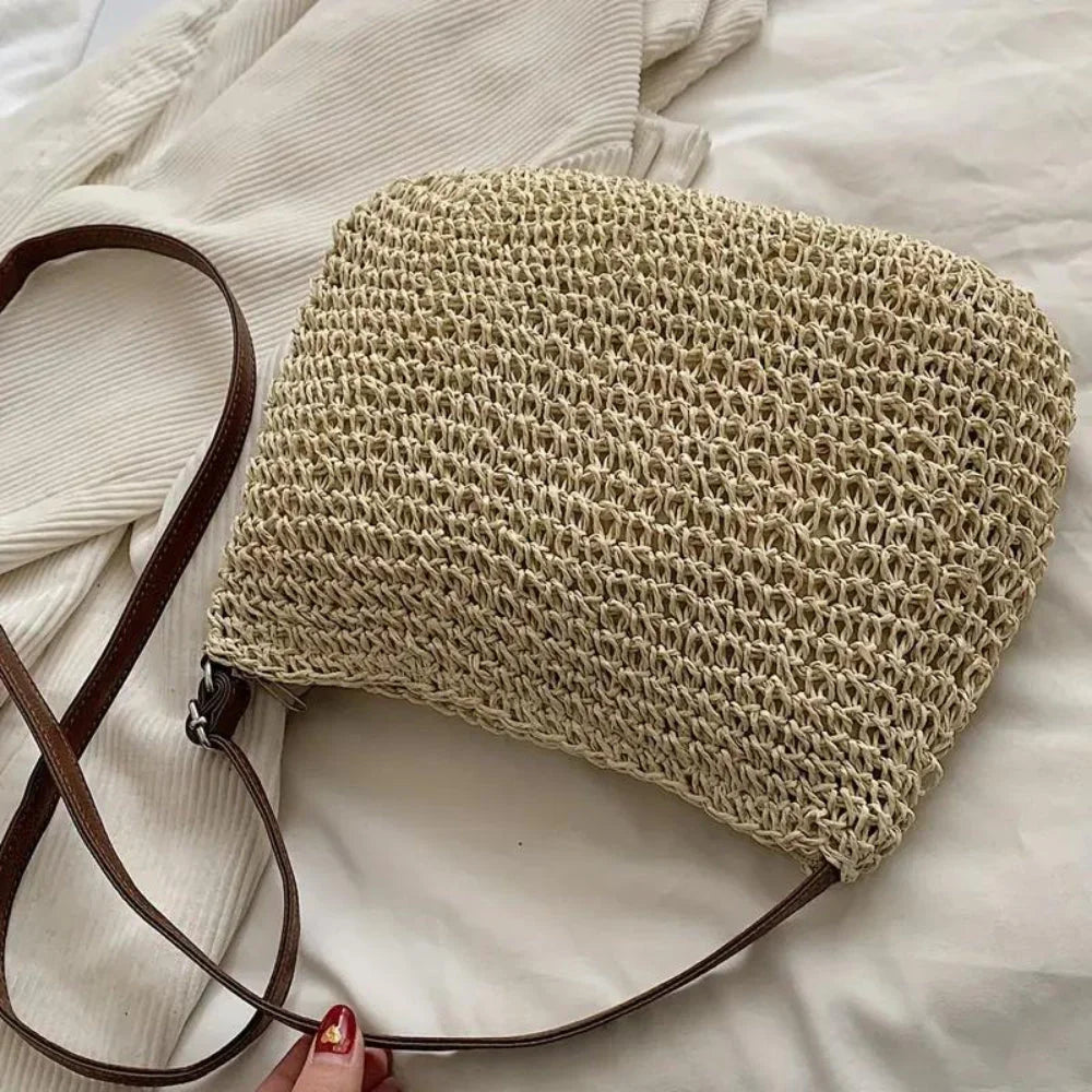 Lajah™ - Woven Shoulder Strap Bag With Zipper For Summer
