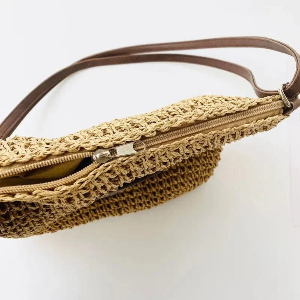 Lajah™ - Woven Shoulder Strap Bag With Zipper For Summer