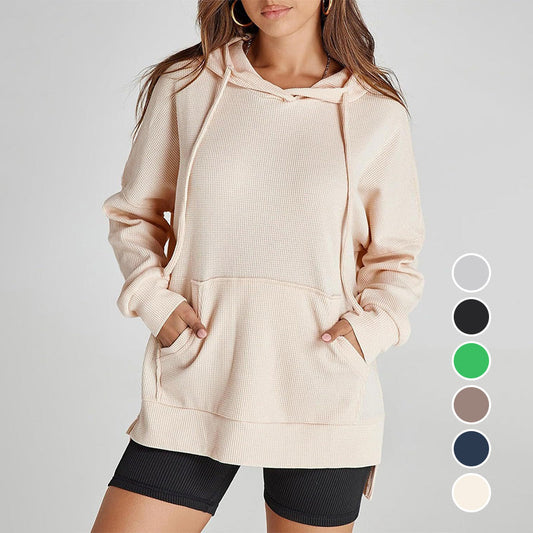 Piper Long-Sleeve Waffle-Knit Hoodie with Side Slits